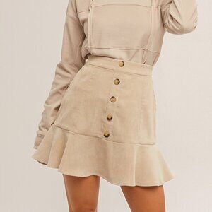 HEM & THREAD Beige Corduroy Button Front Mini Skirt | Flounce Hem
